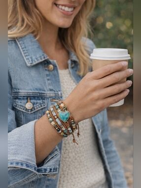 Auraglee Turquoise Heart Wrap Bracelet Boho Gemstone Leather NIB